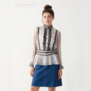 Nick & Mo delicate floral lace trim ruffled high neck blouse boho-chic retro